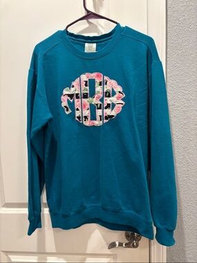 Teal Crewneck Sweatshirt with Floral Monogram Patch